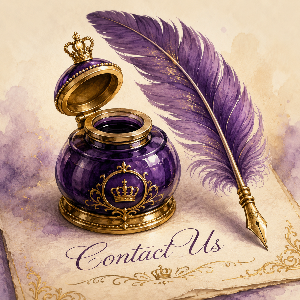 An ornate purple ink pot with gold embellishments and a crown emblem, accompanied by a large purple feather quill, resting on decorative paper with the words 'Contact Us' written on it.
