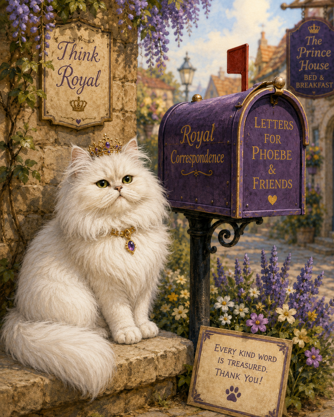 A white cat with green eyes wearing a crown and purple jewelry, sitting outdoors on a stone ledge next to a purple mailbox labeled "Royal Correspondence," in front of a stone wall with a sign reading "Think Royal." The scene is decorated with purple and white flowers and a sign saying "Every kind word is treasured. Thank you!" The background shows a picturesque street with flowering trees and buildings.