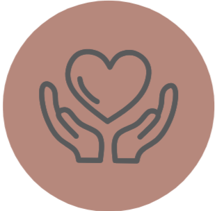 Outline of two hands holding a heart on a pink circular background.