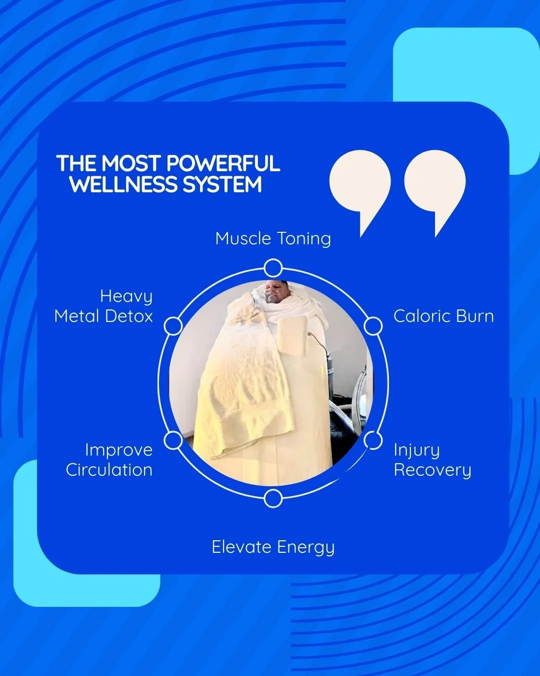 Infographic titled 'The Most Powerful Wellness System' featuring a centered photo of a person receiving a wellness treatment, surrounded by six wellness benefits: Muscle Toning, Caloric Burn, Injury Recovery, Elevate Energy, Improve Circulation, Heavy Metal Detox.