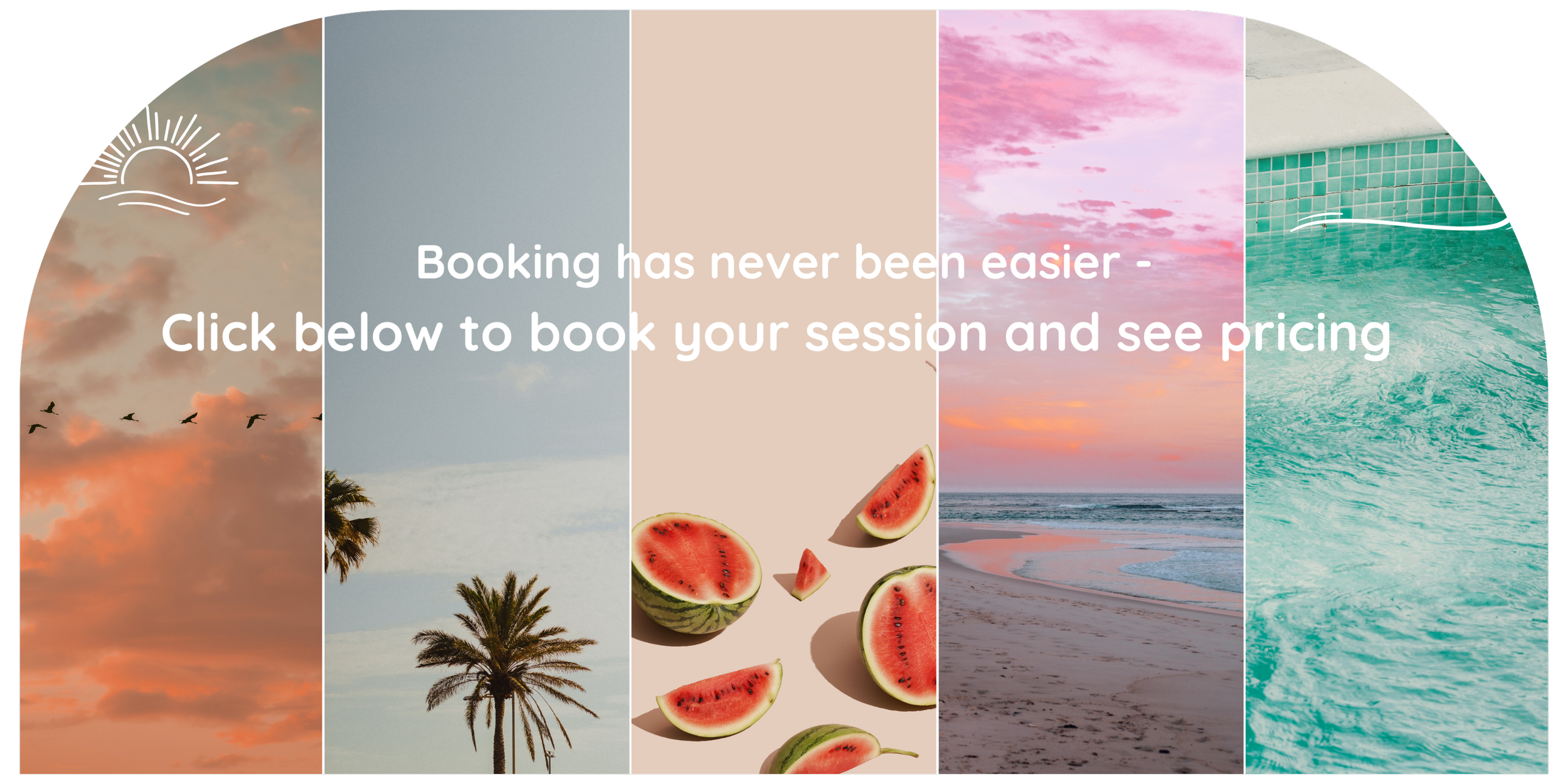 Beach scene with sunset, palm trees, watermelon slices, and a swimming pool.