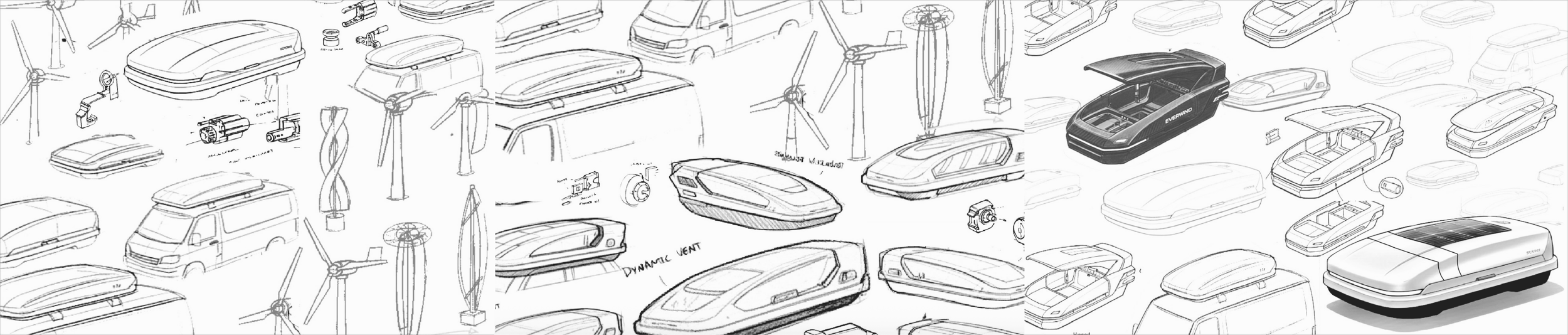 A collection of sketches and renderings of futuristic vehicle concepts, including electric cars, drones, wind turbines, and renewable energy equipment, arranged on a white background.