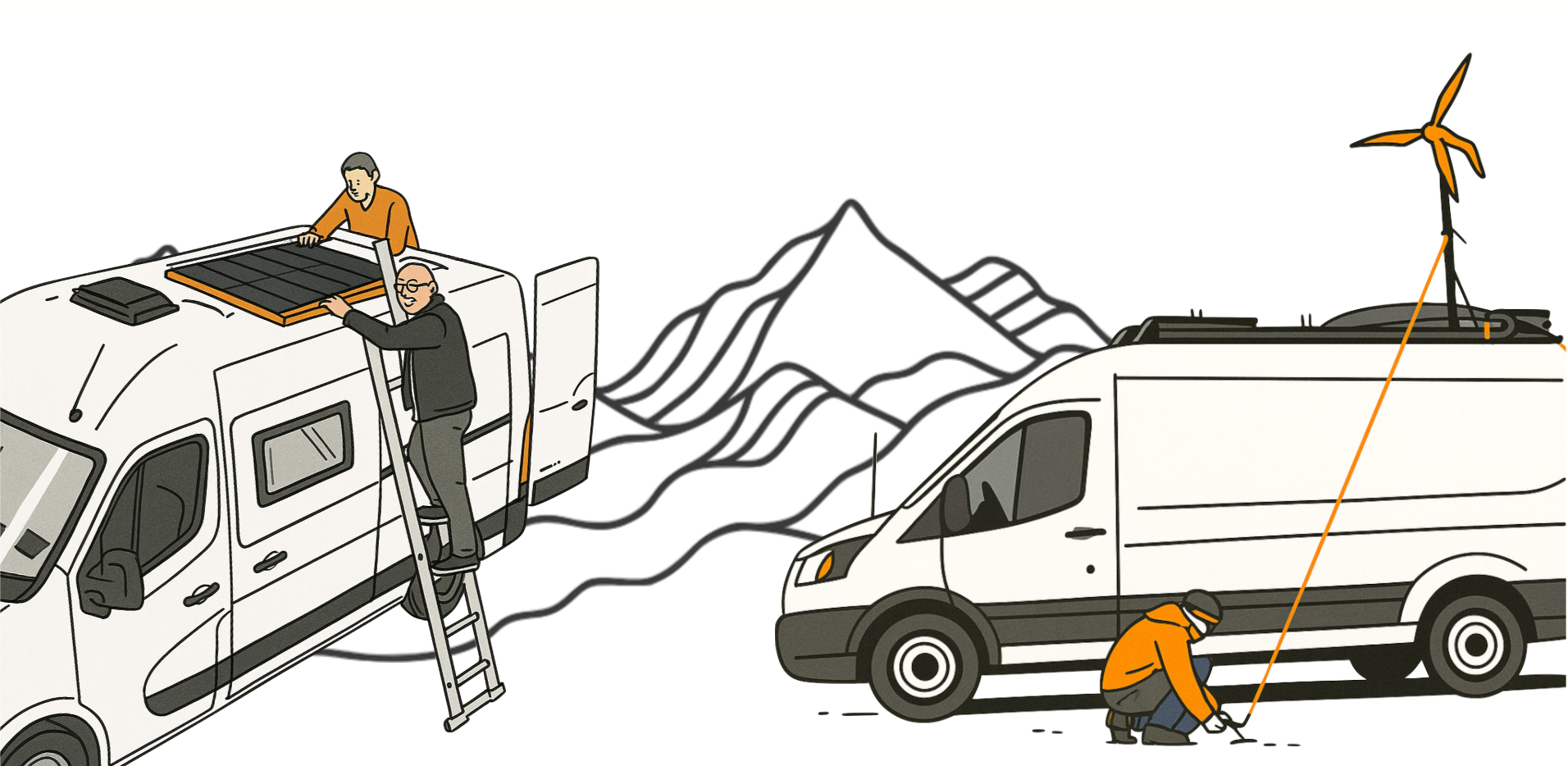 Three people installing solar panels on a white camper van with mountains in the background. One person is on a ladder securing a panel on the roof, another is on top adjusting a panel, and the third is kneeling at the front connecting wires near the wheel.