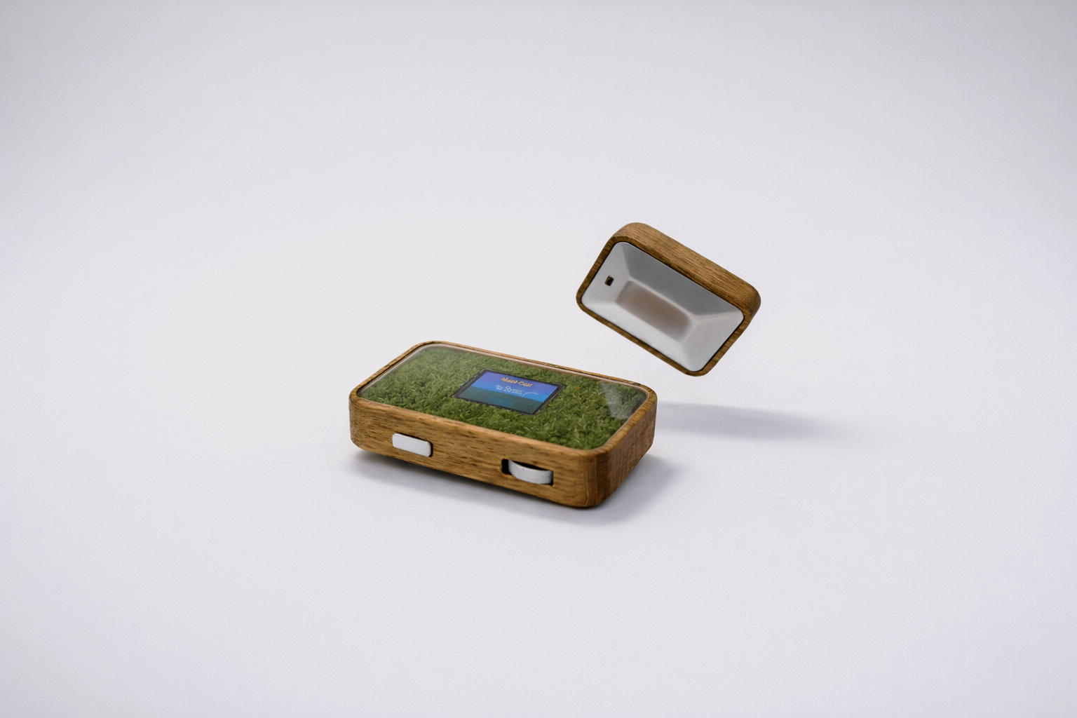 Miniature wooden box with a hinged lid, containing green moss and a small screen displaying 'Moss Box' on a white background.