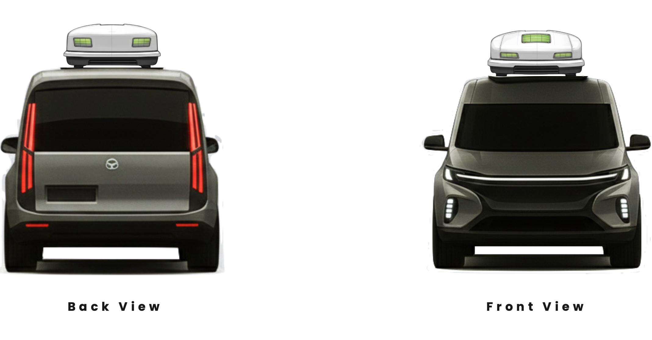 Comparison of an electric vehicle from the front and back views, showing a modern design with black tinted windows and a roof-mounted aerodynamic cargo box.
