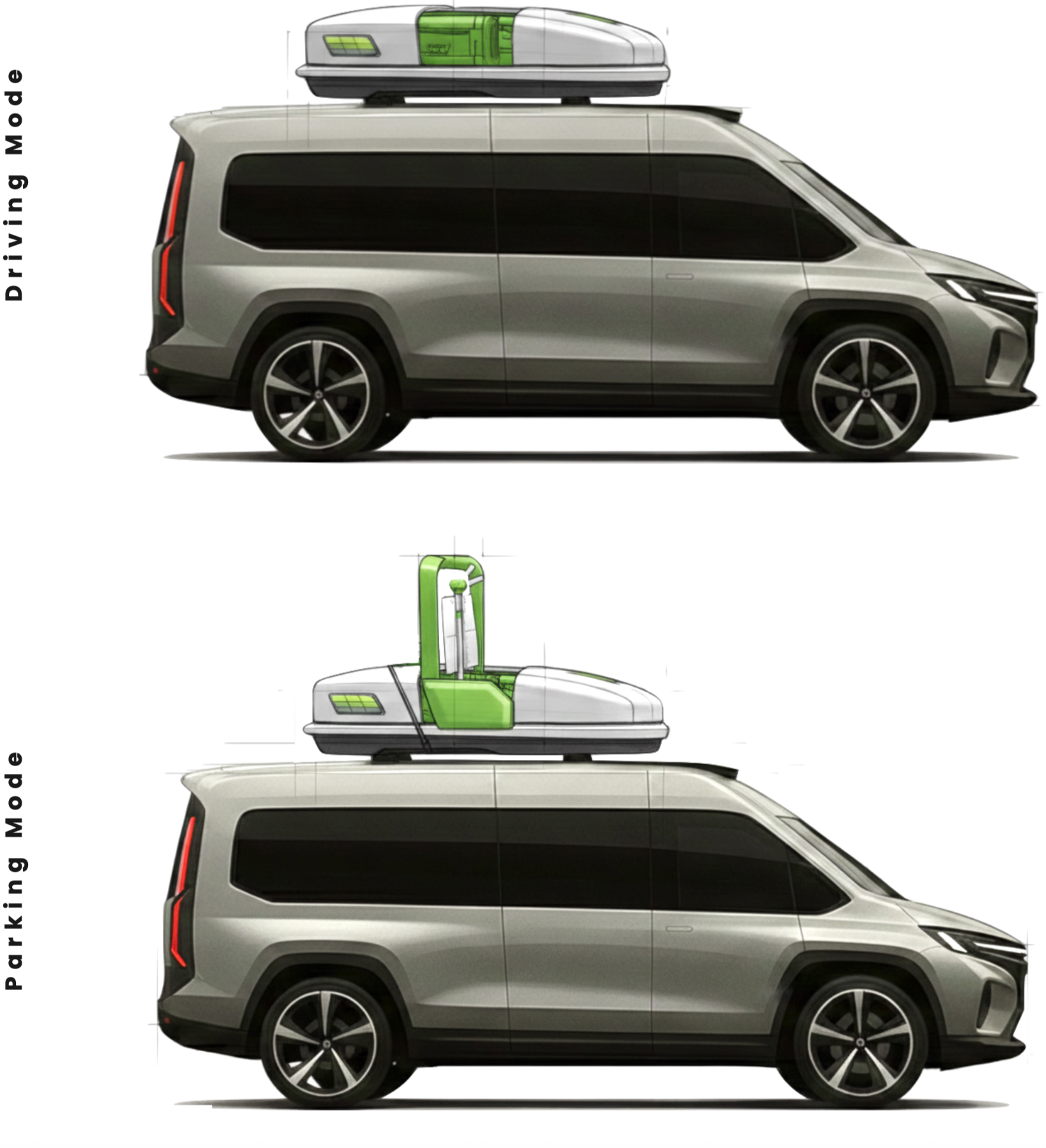 Side view of a gray autonomous electric van with a prototype lidar sensor on the roof and technical sketches.
