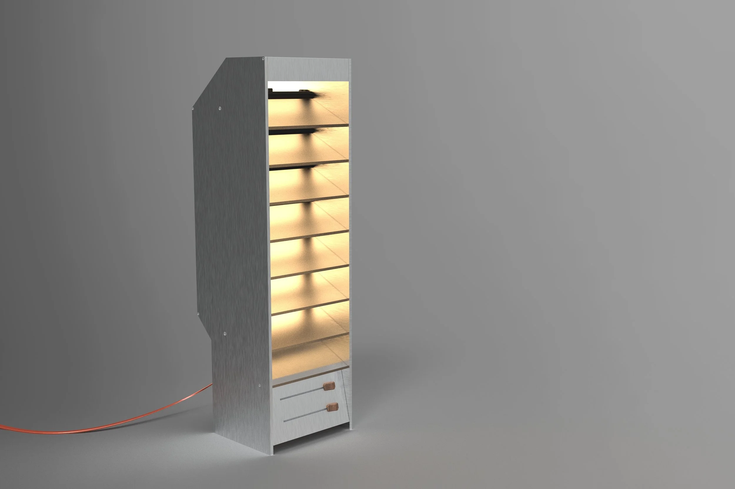 A tall metallic storage cabinet with multiple illuminated shelves and two drawers at the bottom, standing on a gray surface with a red electrical cord connected at the side.