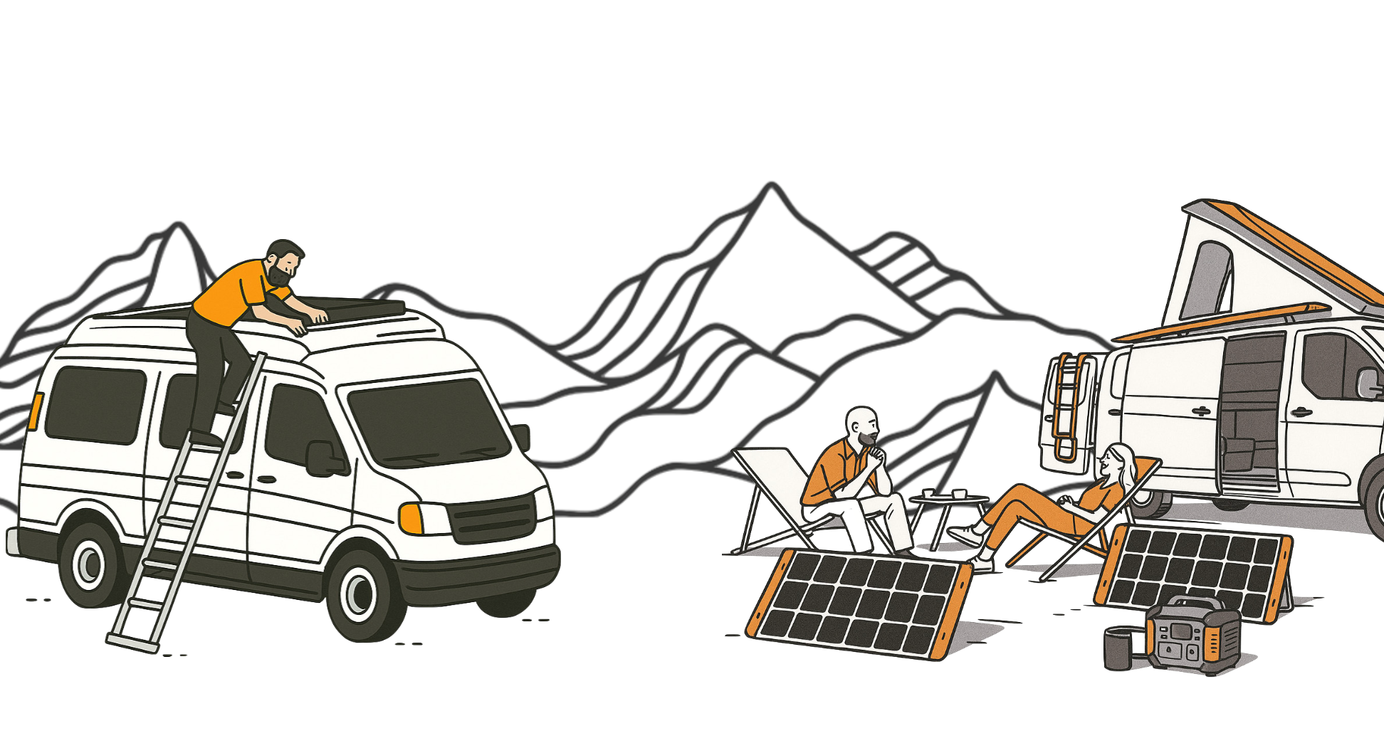 People camping outdoors with mountain scenery, solar panels, and a van, enjoying leisure activities and preparing for outdoor adventure.