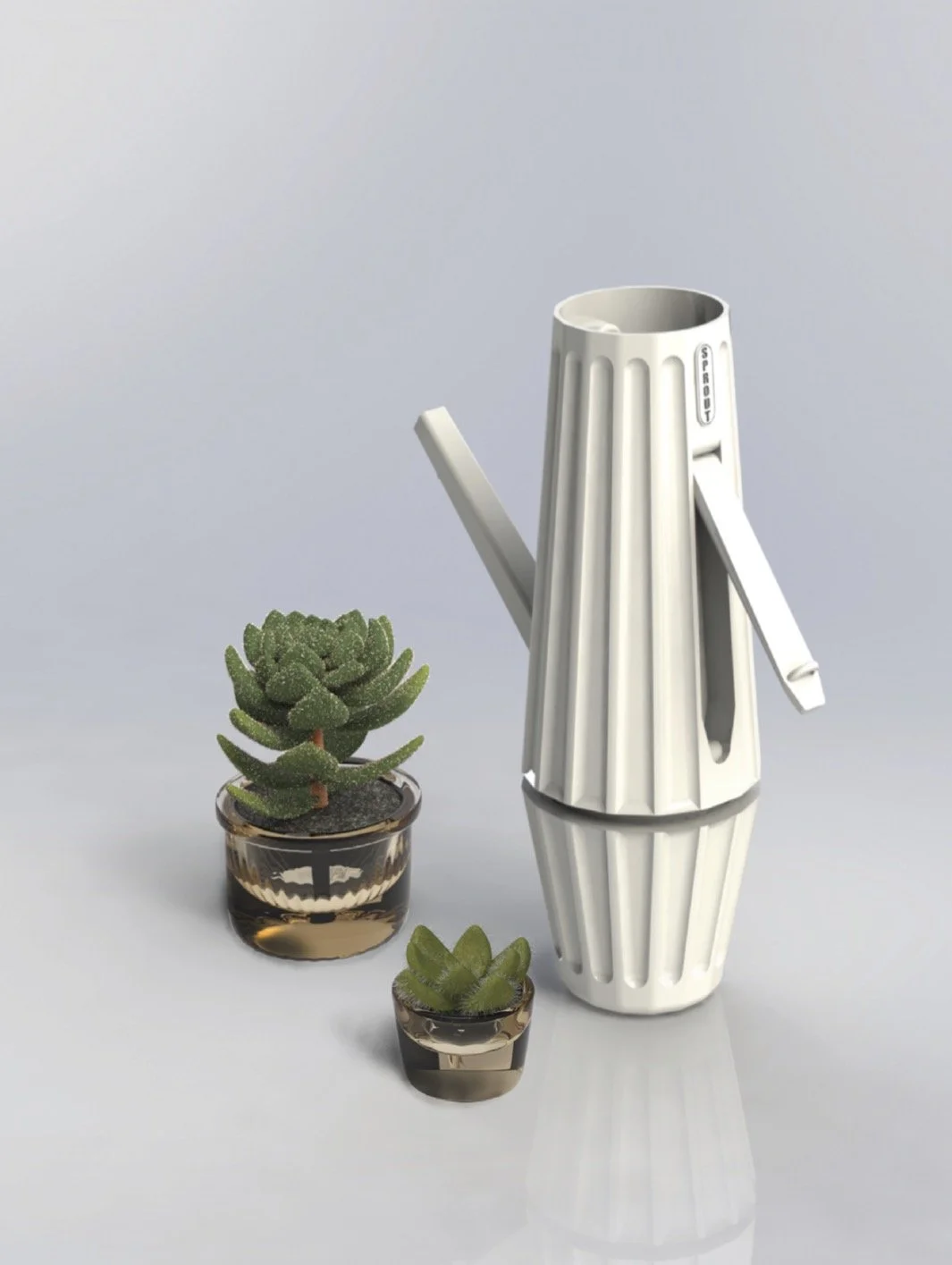 A white spray bottle or watering can with a vertical ribbed design and a label that says 'SPRAY'. Next to it, two small potted succulents in glass containers, with one larger and one smaller plant.