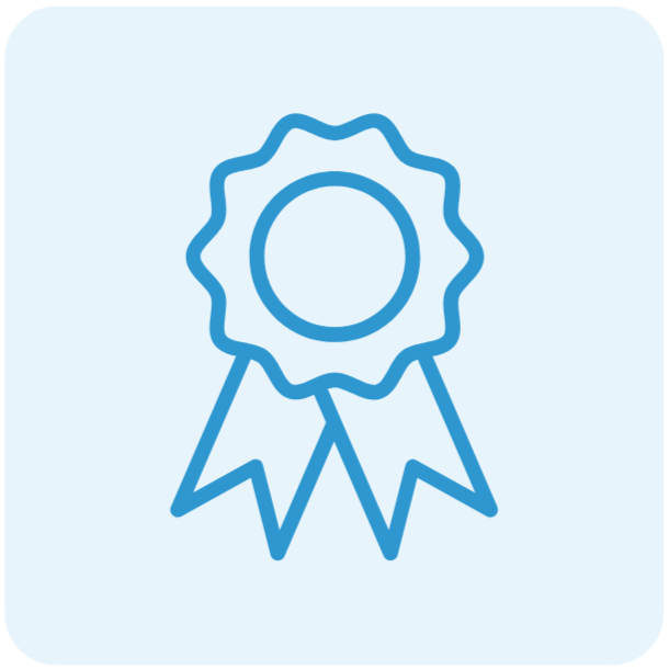 Line drawing of an award ribbon or medal with a circular center and two ribbon tails below.