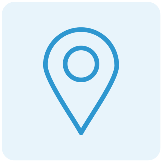 Map location icon with a blue pin on a light blue background