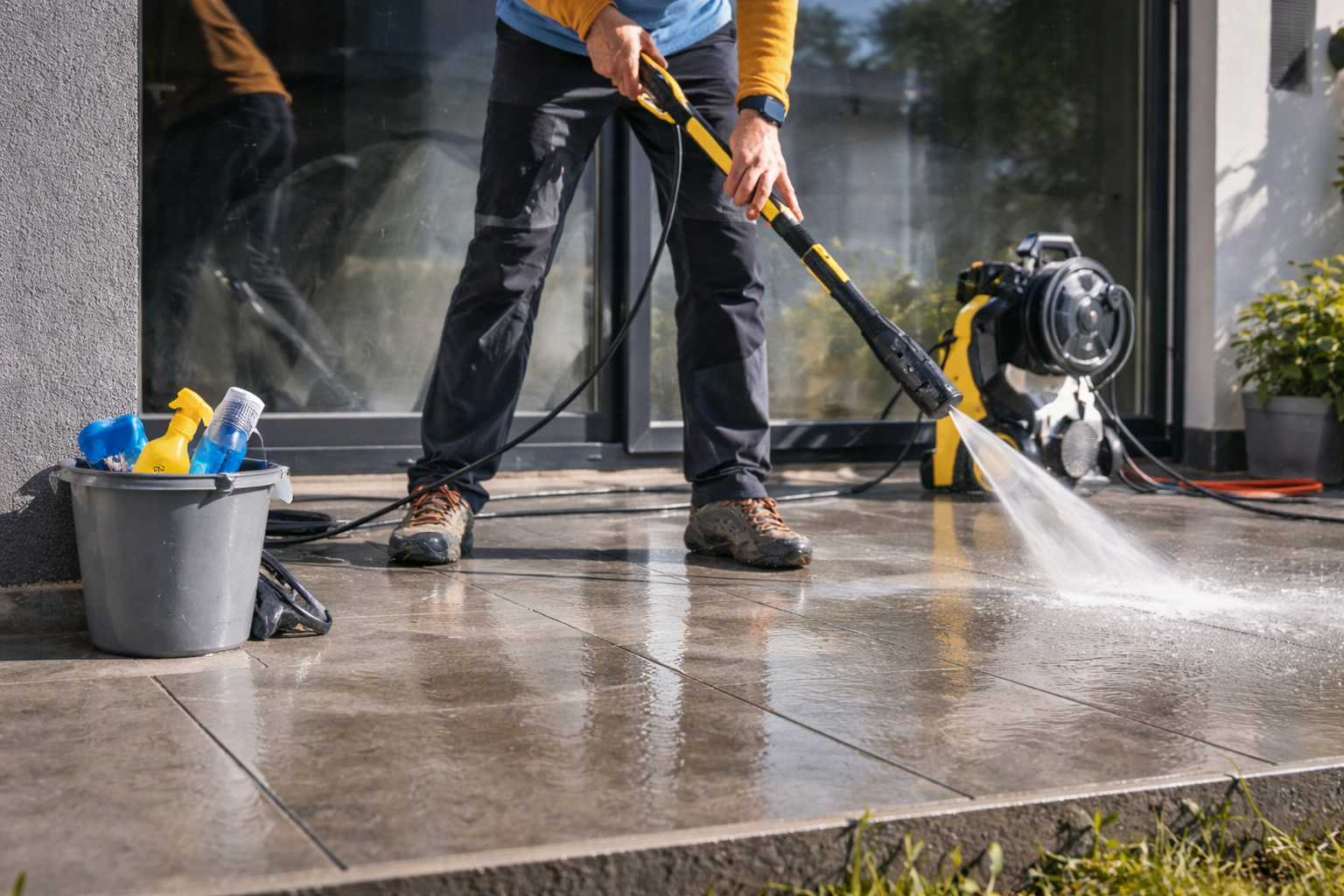 Person pressure washing outdoor concrete patio near sliding glass door, with cleaning supplies and equipment nearby.