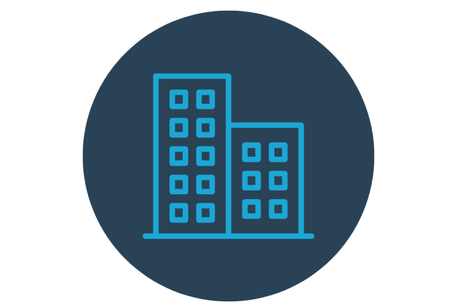 Line drawing of two connected buildings, one taller than the other, on a dark circular background.