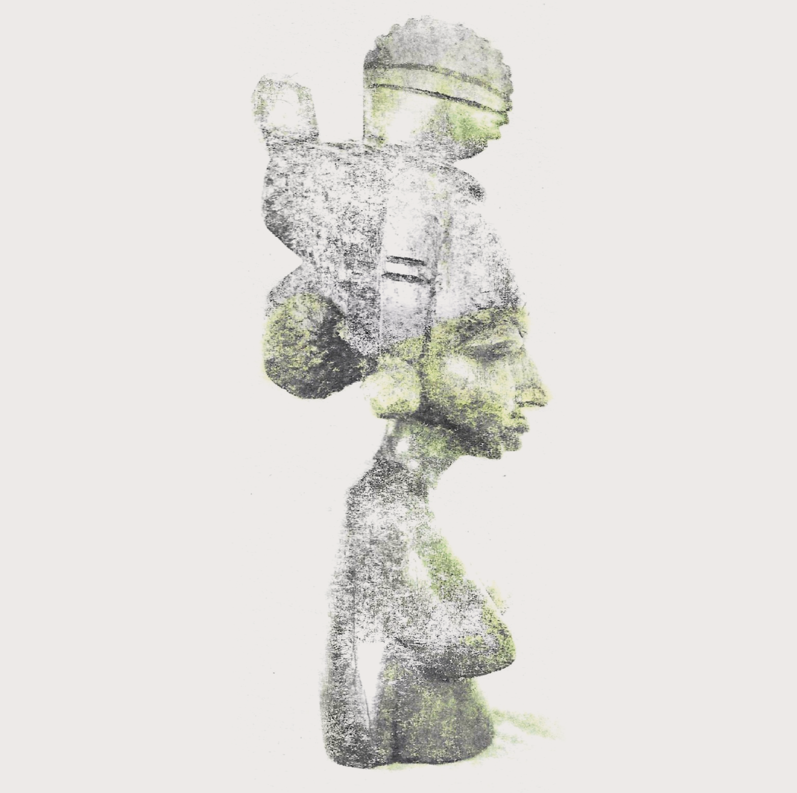 A handmade print of the bust of Aline Sitoe Diatta, a revolutionary figure in Senegal who inspired revolution against the French Colonial empire. Made by the artist Muoi in muted green, grey, and black tones, on a plain white background.