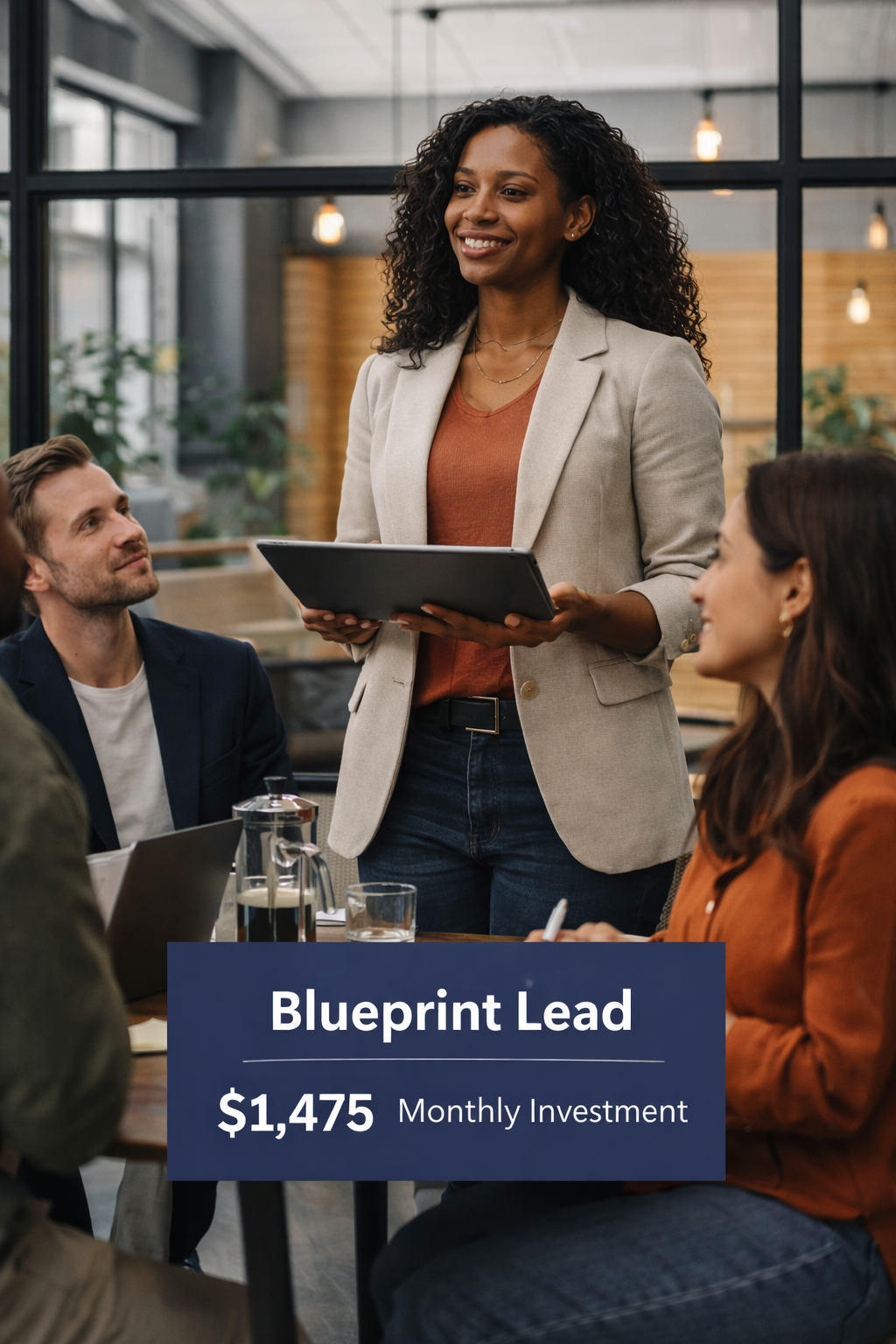 A woman in a beige blazer and rust-colored top is standing and presenting to a group in a modern office. The group includes three people sitting at a table, one man and two women, listening attentively. There is a sign with text that reads: 'Blueprint Lead $1,475 Monthly Investment'.