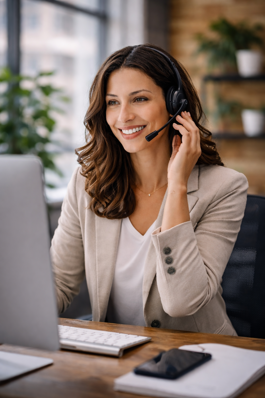 A woman sitting at a desk wearing a headset, smiling, with a computer, phone, and papers in front of her in a bright, modern office.