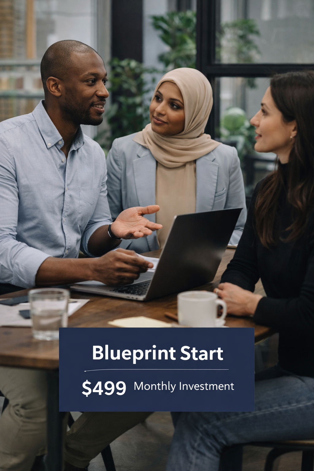 Three business professionals, two women and one man, in a conference room engaged in a discussion. The man is speaking and gesturing with his hand, with an open laptop and drinks on the table. There is a promotional overlay at the bottom offering a "Blueprint Start" plan for $499 monthly investment.