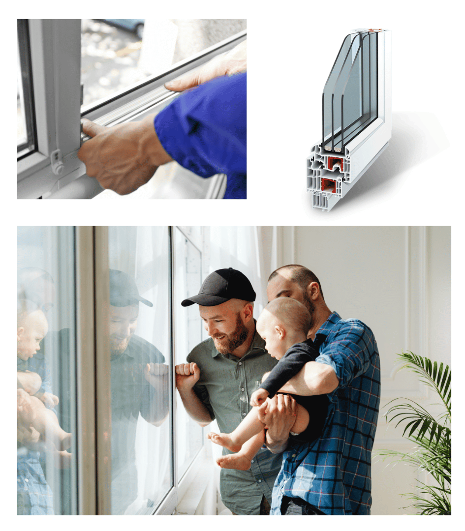Hands installing a window frame, a cross-section of a window showing insulation and multiple glass panes, and two men with a child looking through a large window inside a building.