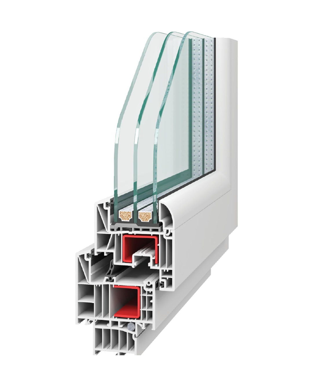 Cross-section of a modern triple-pane energy-efficient window showing glass panes, spacers, and a frame with insulation.