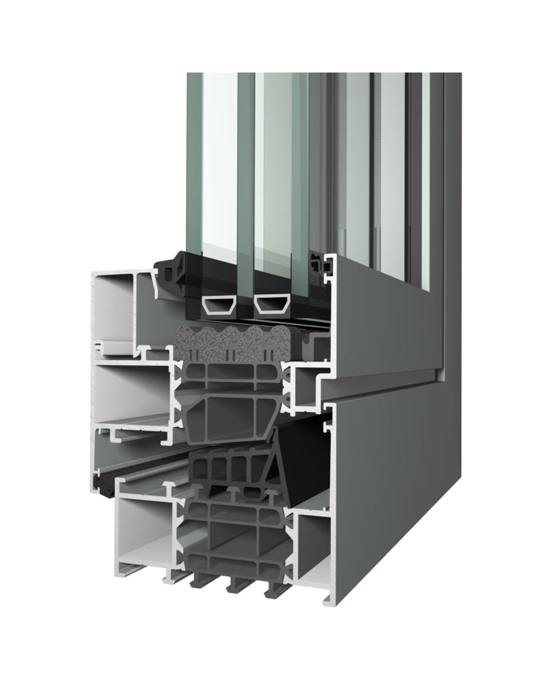 Cutaway illustration of a multi-pane insulated glass window with aluminum framing, showing the layers of glass, insulation, and structural components.