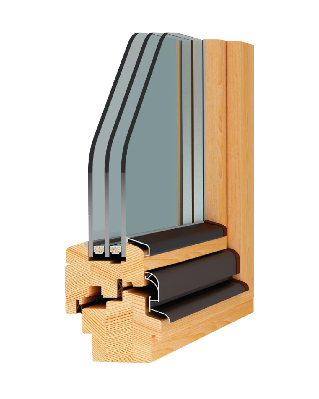 Cross-section of a window frame showing glass panes, insulation, and wooden and metal components.