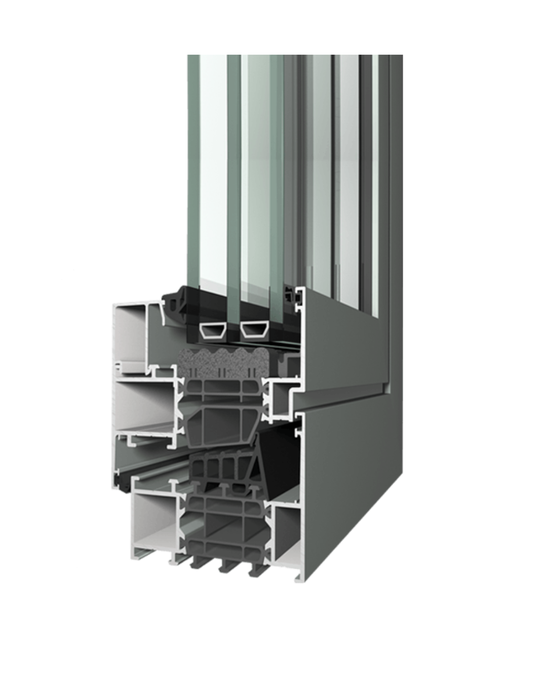 Cross-section of a modern window frame showing metal and glass components.