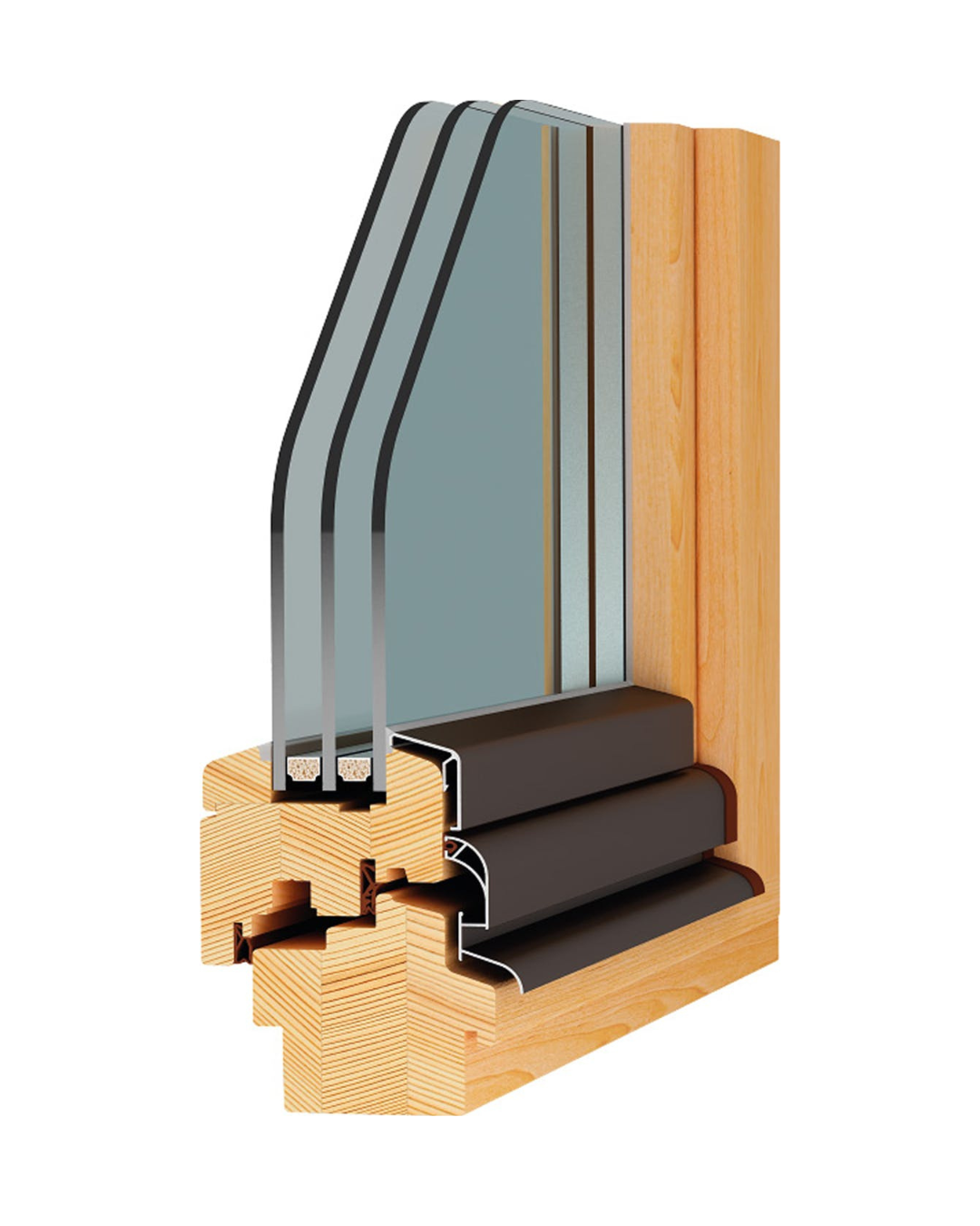 Cross-section of a wooden window with a double-glazed glass unit, showing the frame, weather stripping, and insulation layers.