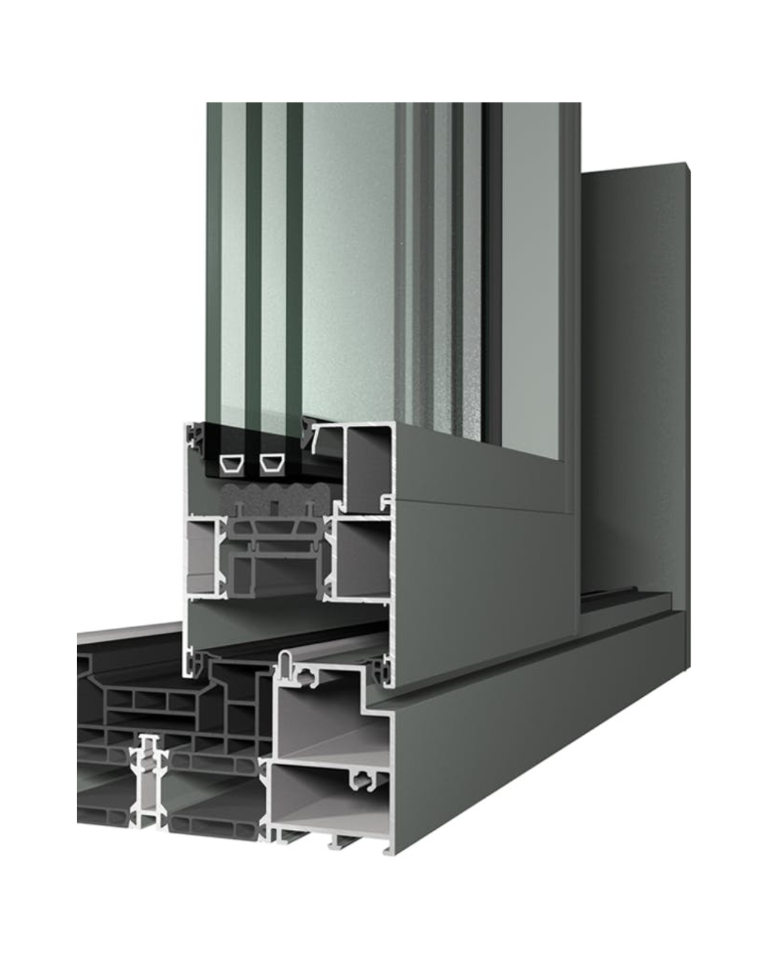 Cross-section of a modern aluminum window frame with glass panes.