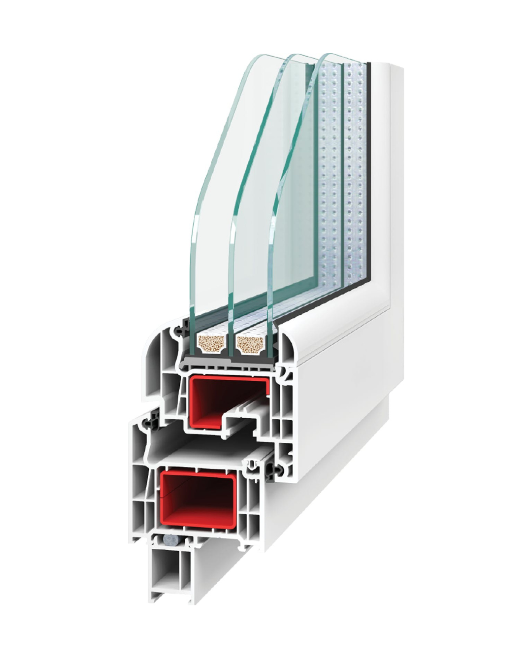 Cross-section of a multi-pane insulated glass window with a white frame, showing layers of glass and air gaps for insulation.