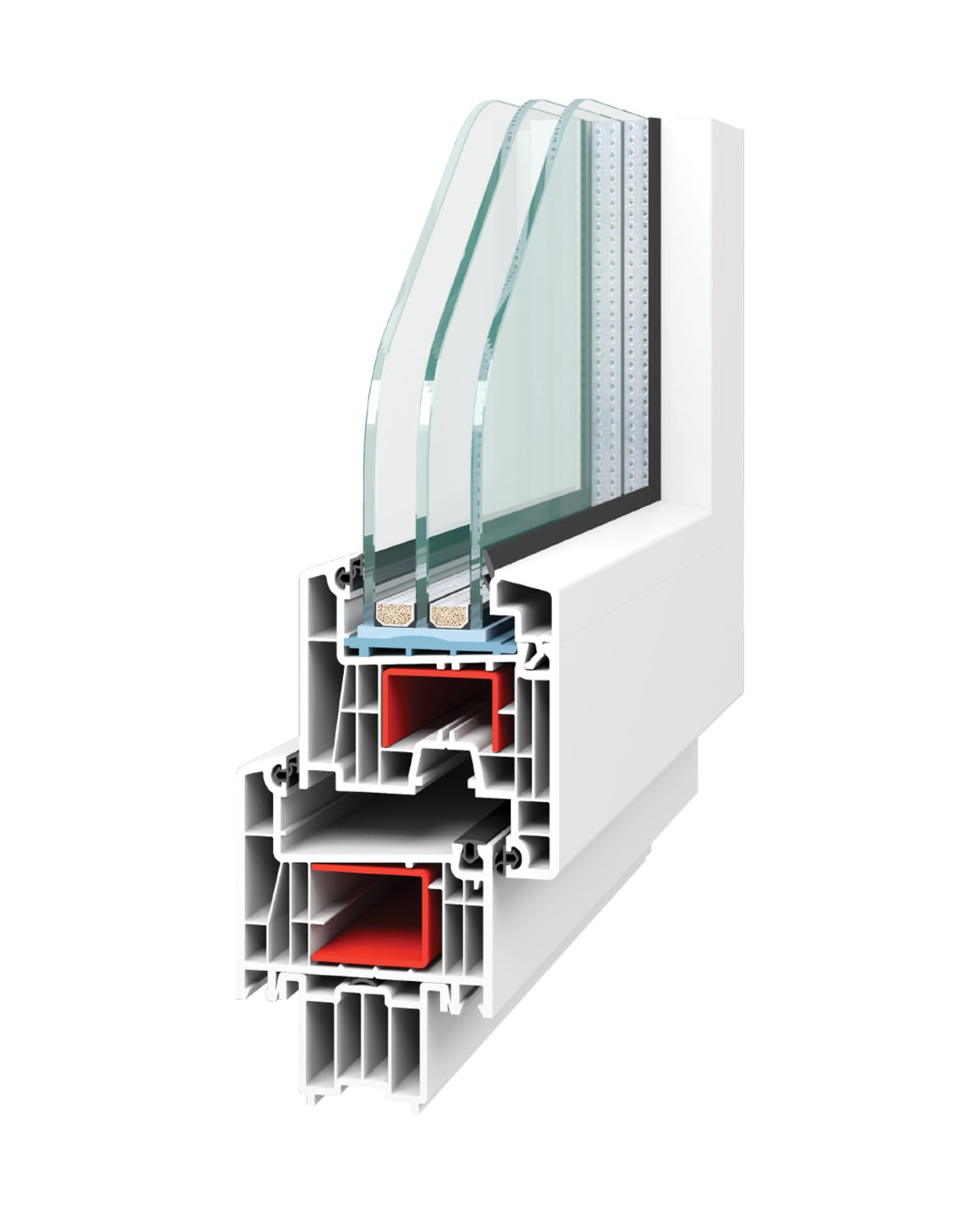 Cross-section of a modern vinyl window frame with triple-pane glass and insulated chambers for enhanced energy efficiency.