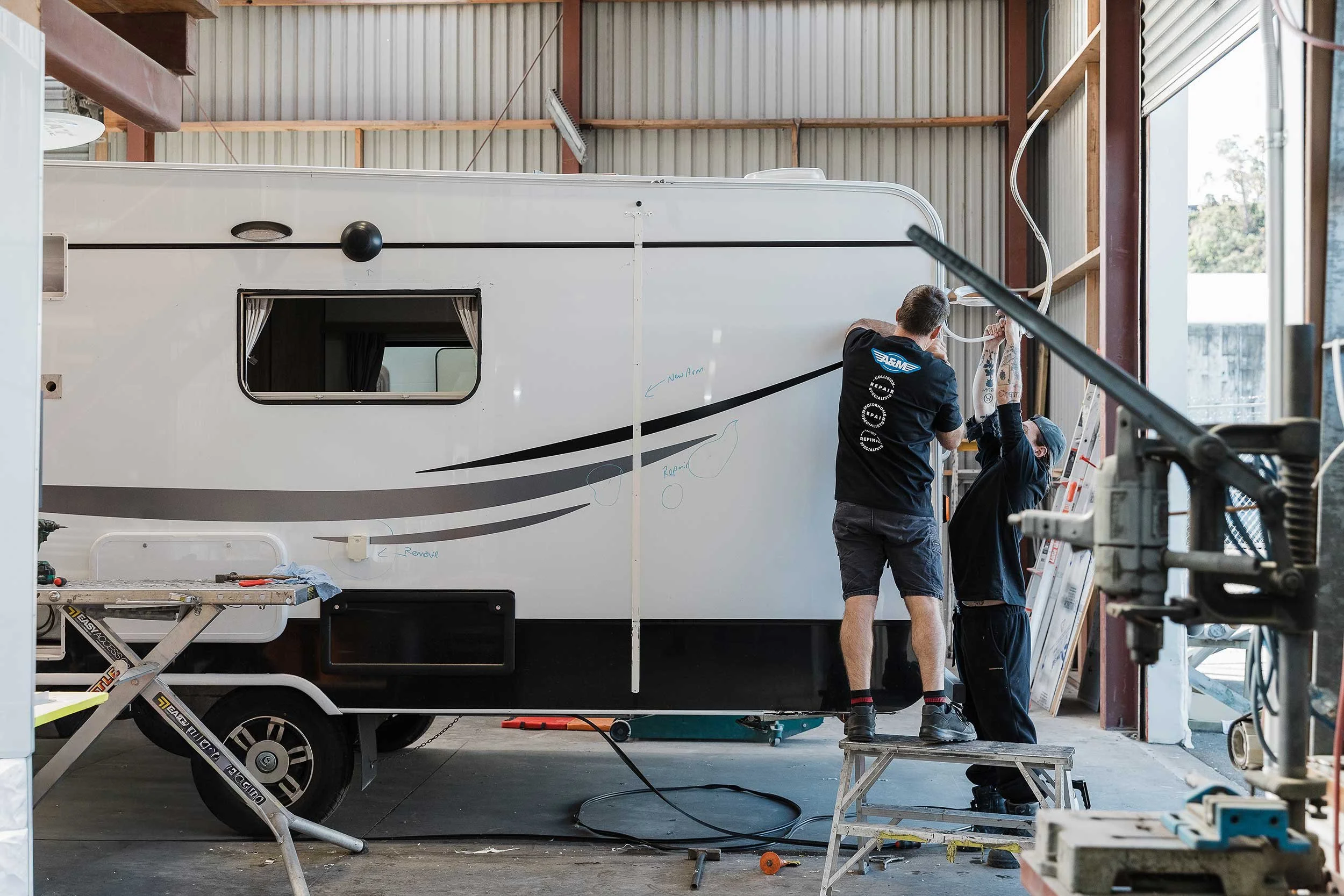 Caravan and motorhome collision repair specialists at A&M Panel fixing damaged caravan