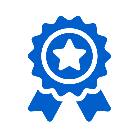 Blue award ribbon with a star inside a circle in the center.