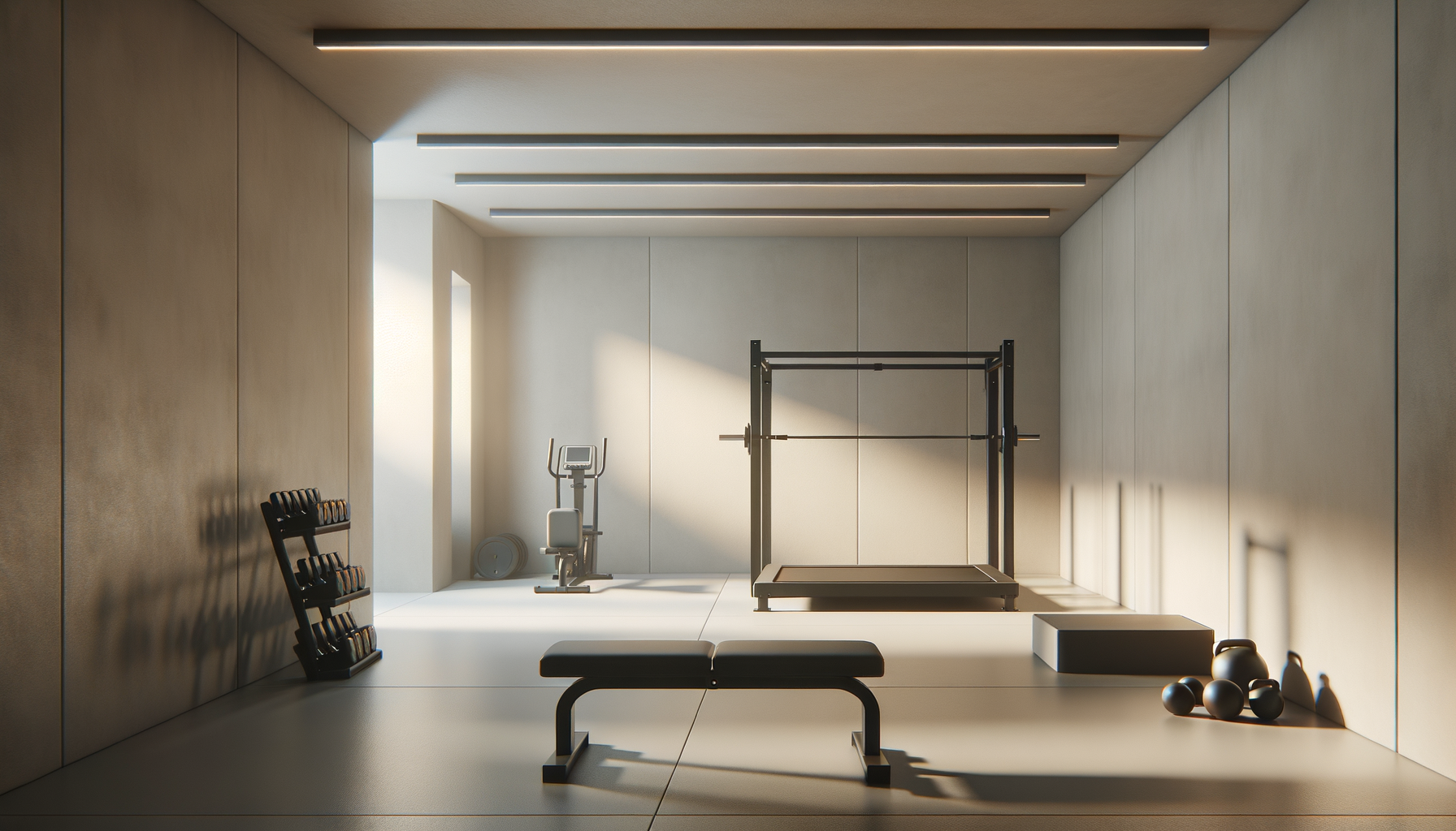 Minimalist home gym with weight bench, kettlebells, dumbbells, treadmill, and exercise bike, illuminated by natural sunlight.