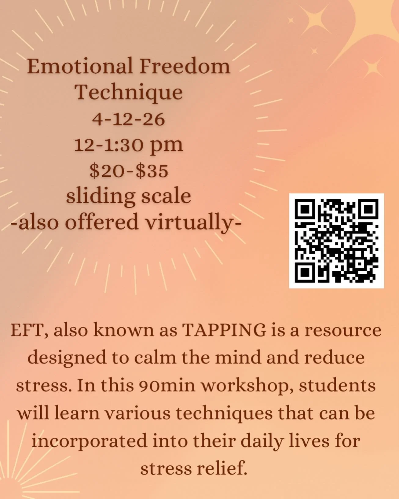 Join us for another EFT (Emotional Freedom Technique) Workshop led by Amanda &mdash; a gentle yet powerful practice to help regulate the nervous system and release stored stress.

Through guided tapping techniques, we&rsquo;ll explore tools to suppor