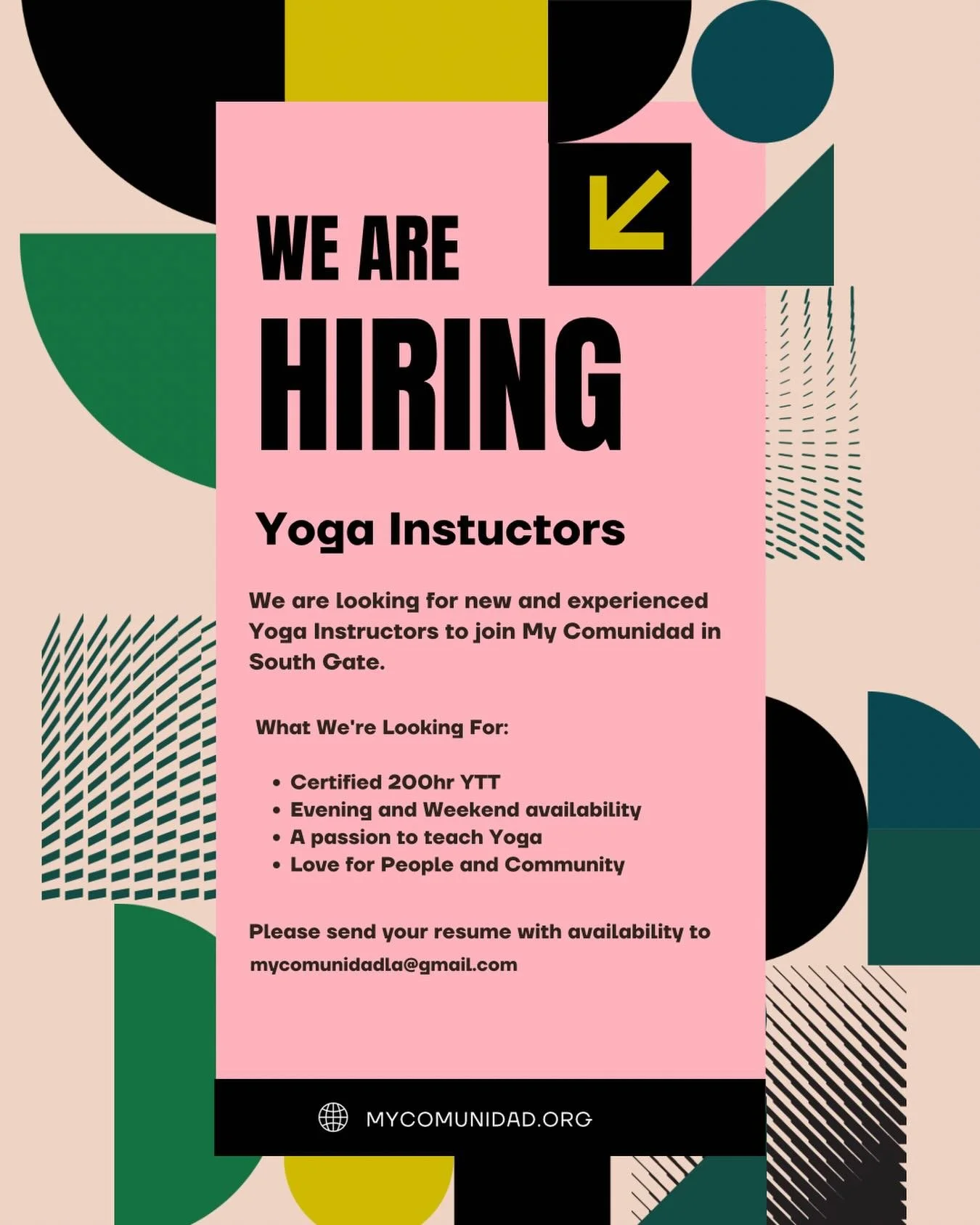 My Comunidad is growing, and we&rsquo;re looking for yoga teachers to join our team.

We&rsquo;re seeking instructors who value community, accessibility, and creating welcoming spaces for people of all backgrounds and experience levels.

If you&rsquo