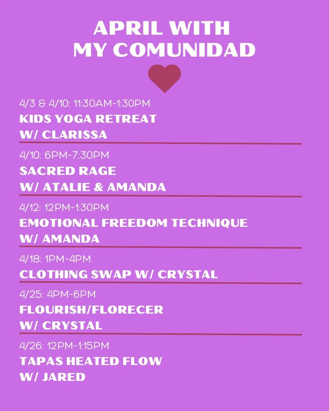 April is here and we&rsquo;re continuing to hold space for movement, creativity, and community. 🌿

This month&rsquo;s workshops are designed to help you slow down, reconnect, and explore different ways of caring for yourself &mdash; whether that&rsq
