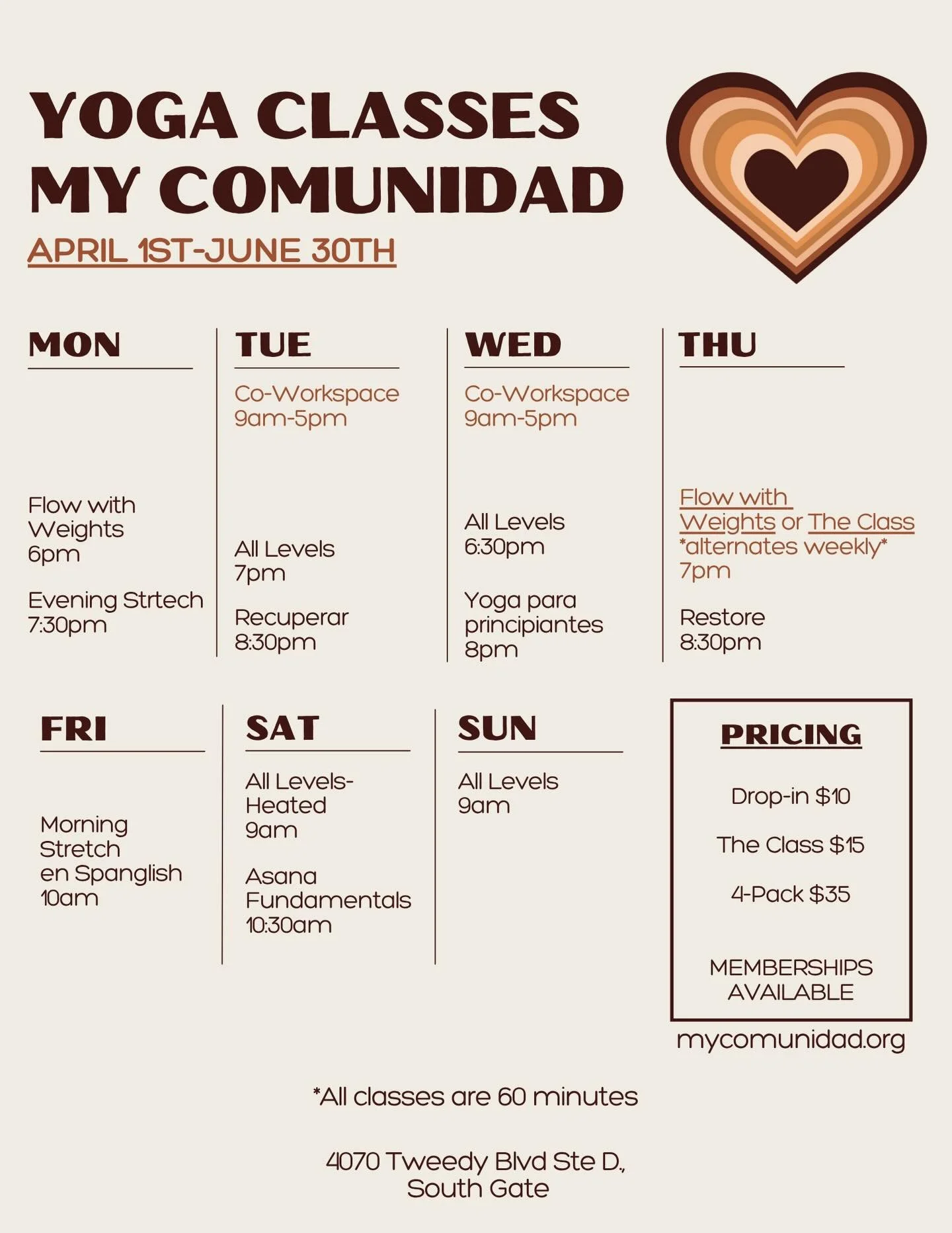 Our schedule is staying (mostly) the same, all your favorite classes are here to stay 💛

The only update: &ldquo;The Class&rdquo; will now be held every other Thursday, starting April 16th.

We&rsquo;re excited to continue offering consistent, acces