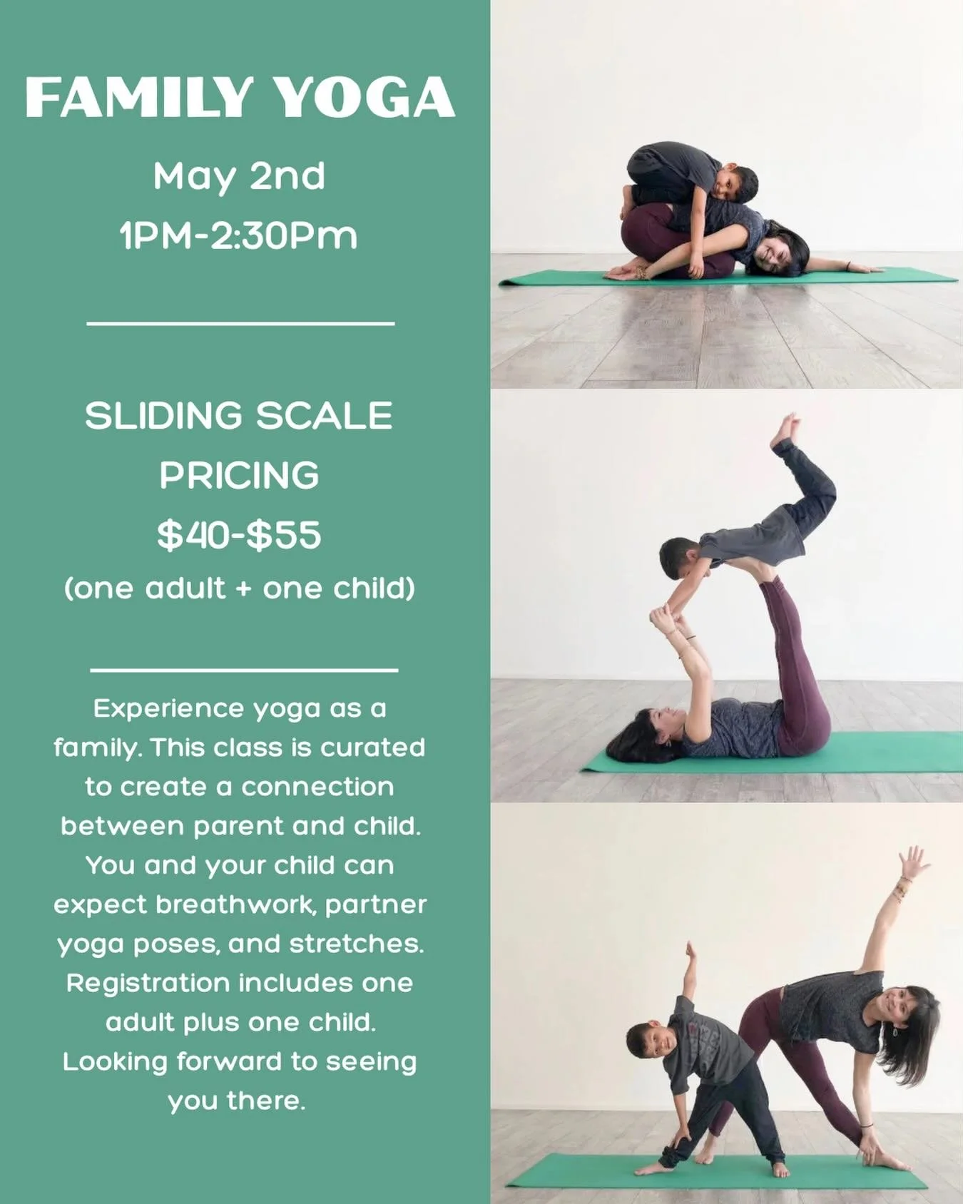 ✨ Family Yoga ✨

Join us for a special Family Yoga experience led by @claircota , a playful and grounding space for connection through movement.

This class invites families to move, breathe, and bond together through accessible yoga and mindful acti