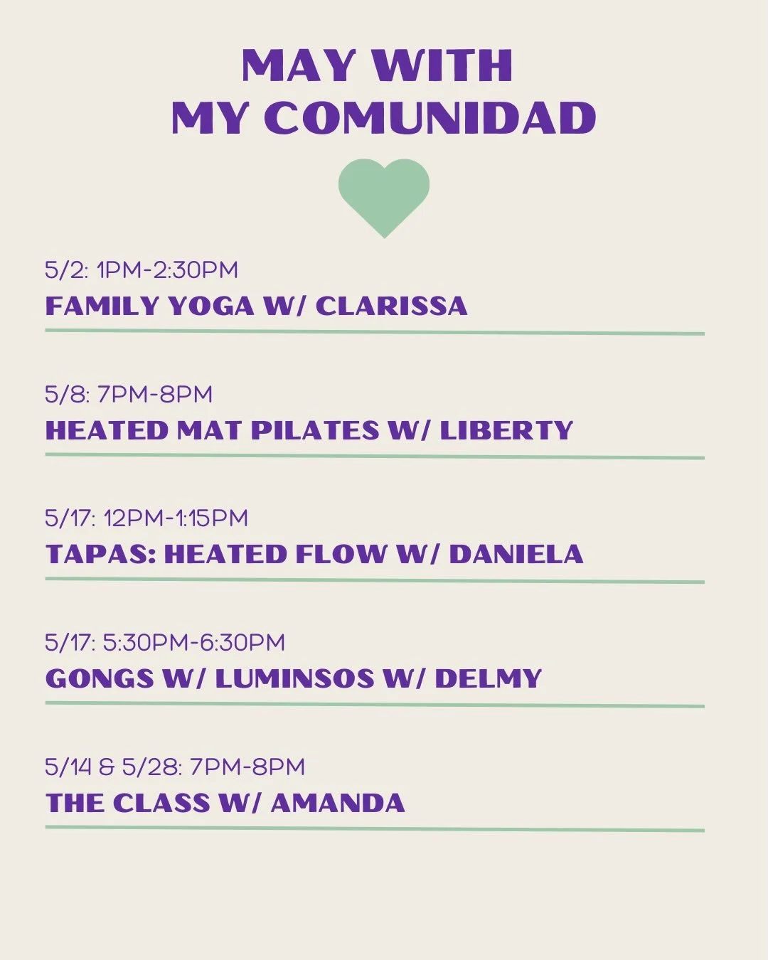 ✨ May Events

May is filled with opportunities to move, connect, and reset in community. 🌿

From heated flows and sound baths to The Class with Amanda, this month&rsquo;s offerings are here to support your body, mind, and energy.

Join us for:
🧑&zw