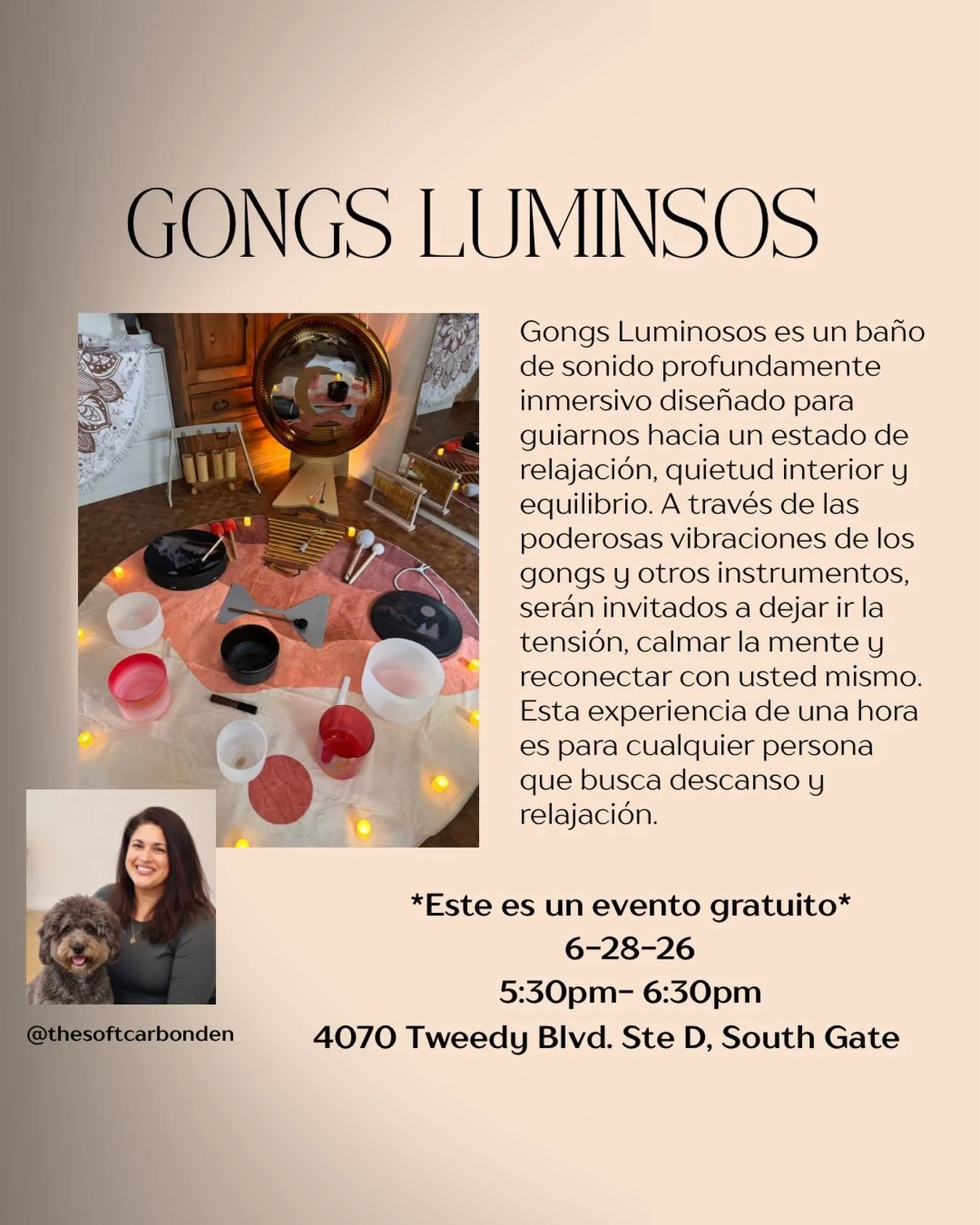 ✨ Gongs Luminosos ✨

Acomp&aacute;&ntilde;anos para un ba&ntilde;o de sonido inmersivo guiado por Delmy, donde a trav&eacute;s de las vibraciones de los gongs podr&aacute;s entrar en un estado de relajaci&oacute;n profunda, calma y equilibrio.

Una i