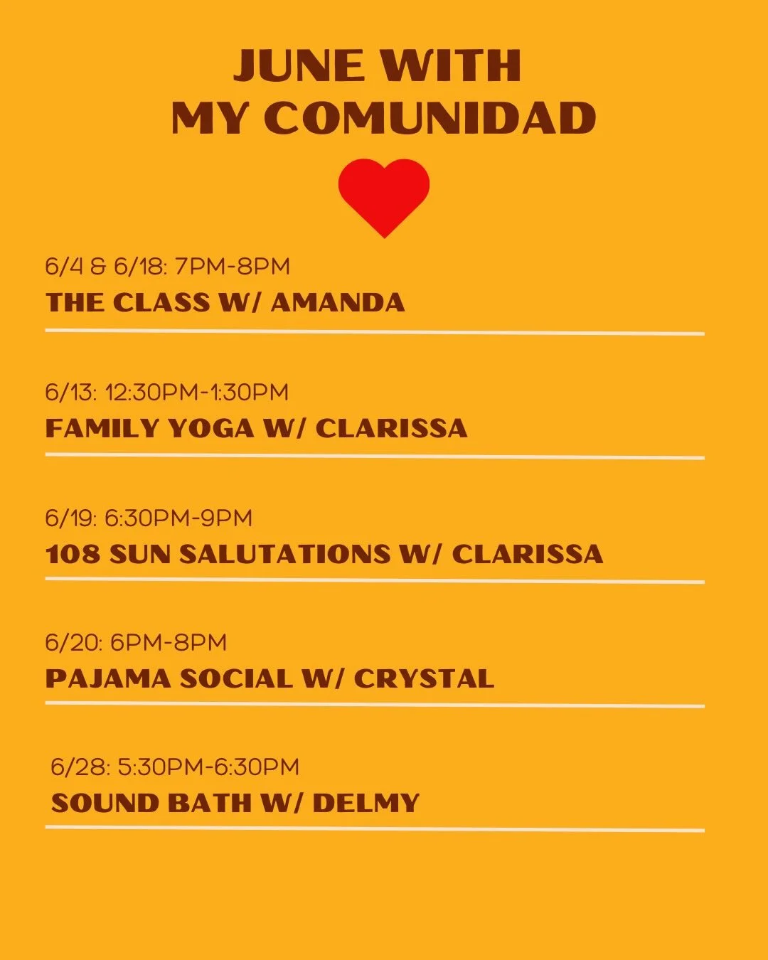 ✨ June Events ✨

We&rsquo;re stepping into June with movement, connection, and community care. 🌿

From Family Yoga to 108 Sun Salutations, The Class and Pajama Social, this month is filled with opportunities to reconnect with yourself and with commu