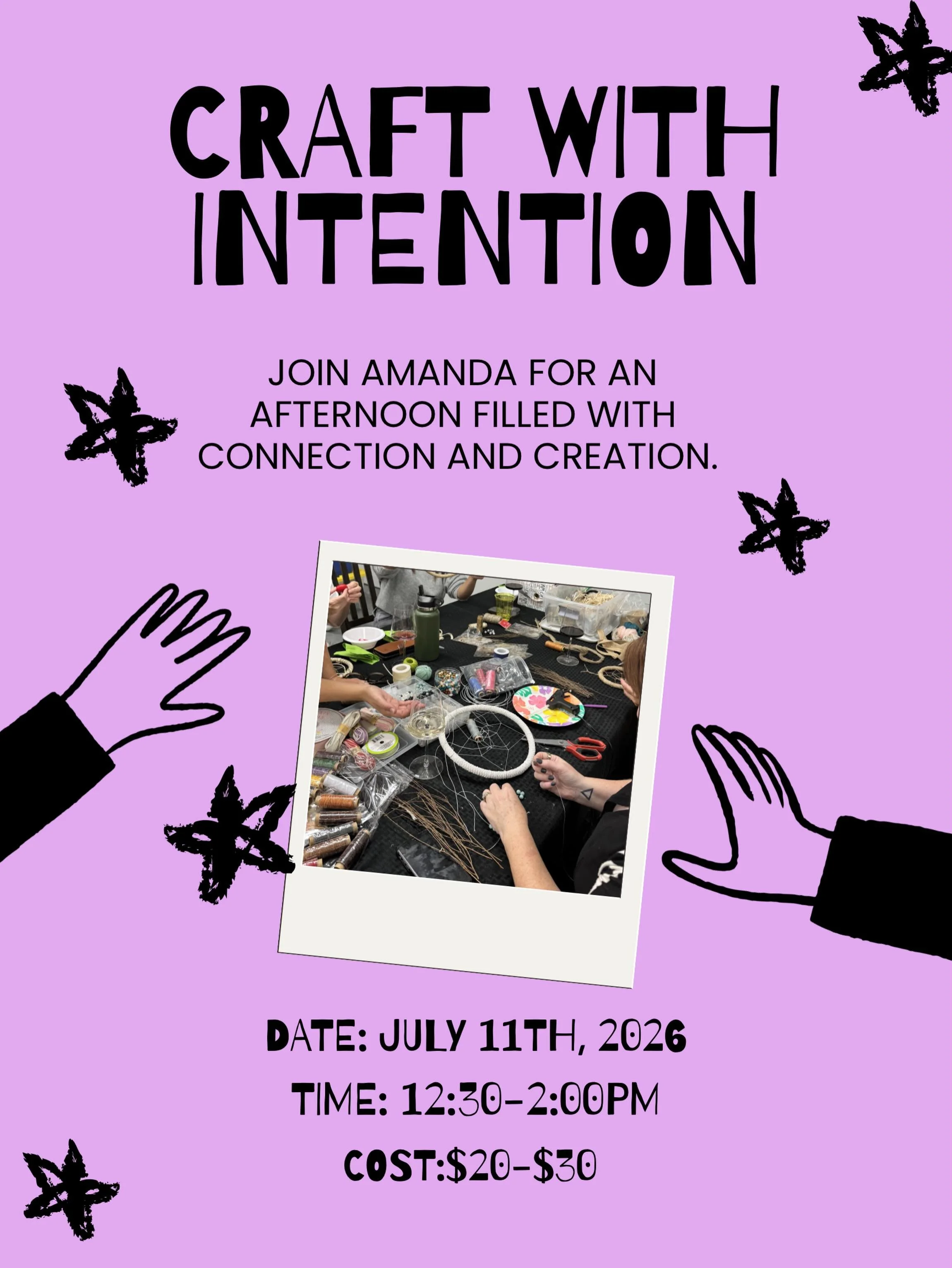 ✨Craft with Intention ✨

Join Amanda for an afternoon of creativity, reflection, and community ❤️

Together we&rsquo;ll slow down, connect, and create while enjoying community conversation, intention setting, snacks, and drinks.

Whether you&rsquo;re