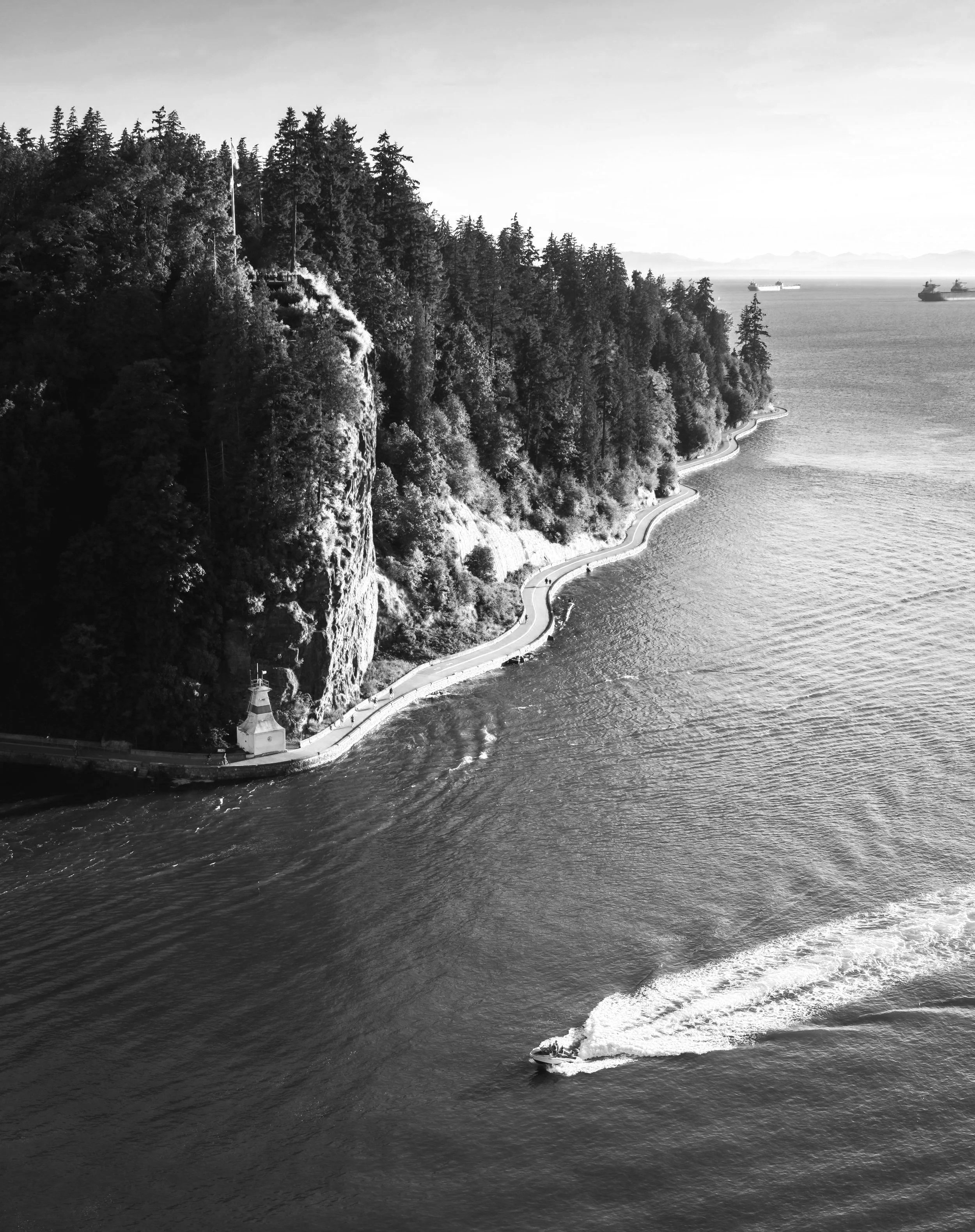 Black and white aerial view of rocky coastline, a path that is West of Ordinary, with dense forest and boats in the ocean.