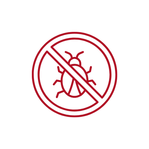 Symbol of a bug inside a circle with a line through it, indicating no bugs or pest control.