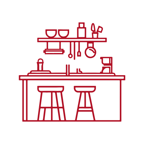 Line drawing of a kitchen with a counter, two stools, a shelf with glasses and utensils, and various kitchen items like bottles, cups, and a coffee machine