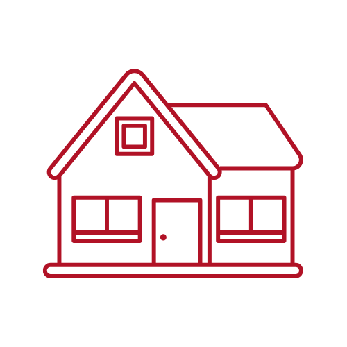 Outline of a house with a pitched roof and two windows, one on each side of a door, in red line art.