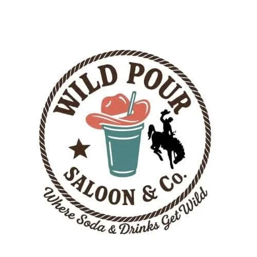 Logo for Wild Pour Saloon & Co. featuring a drink with a cowboy hat and a small cactus, with the tagline "Where Soda & Drinks Get Wild"