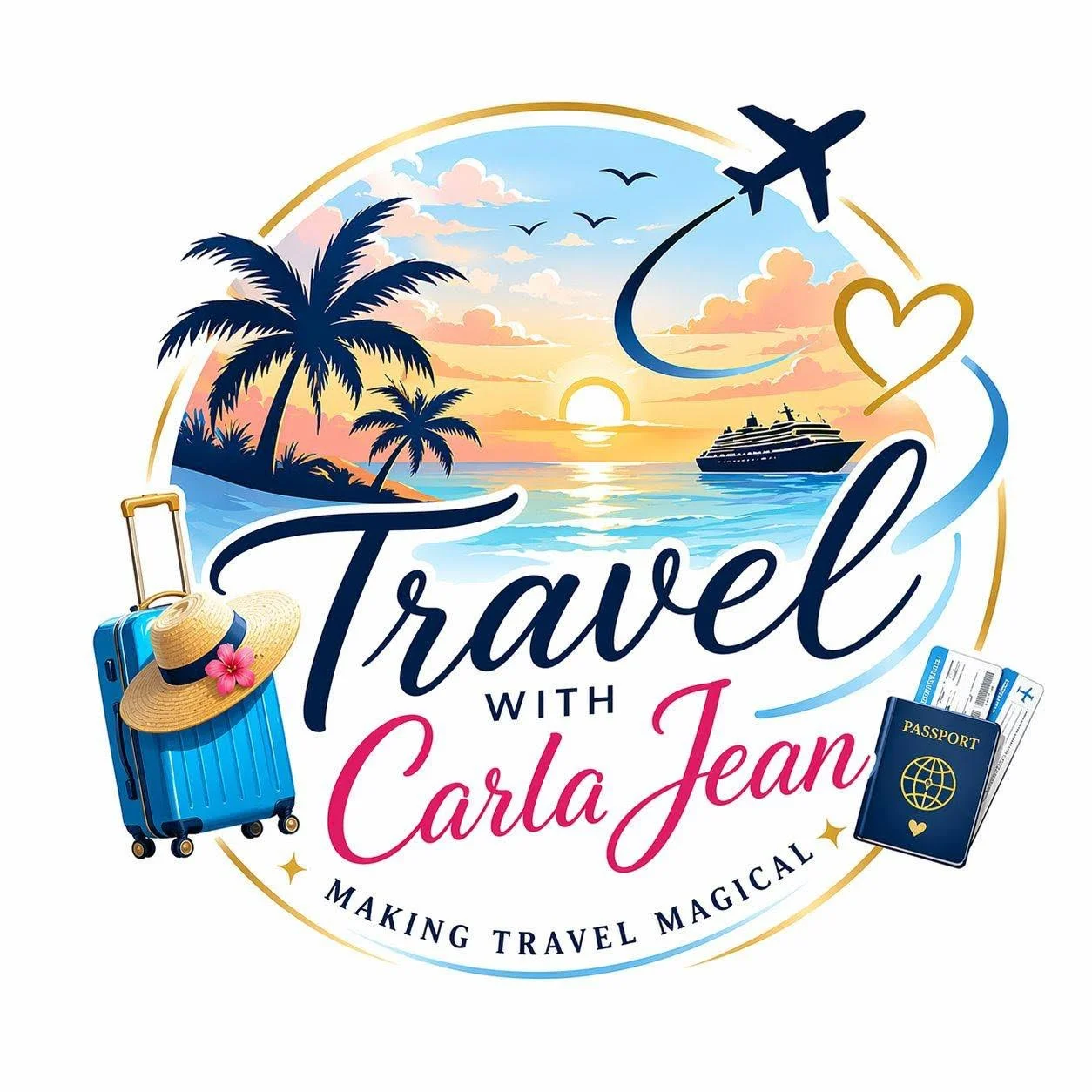 Logo for 'Travel with Carla Jean' featuring a tropical sunset, palm trees, airplane, cruise ship, suitcase with hat, and passport, with the tagline 'Making Travel Magical'.