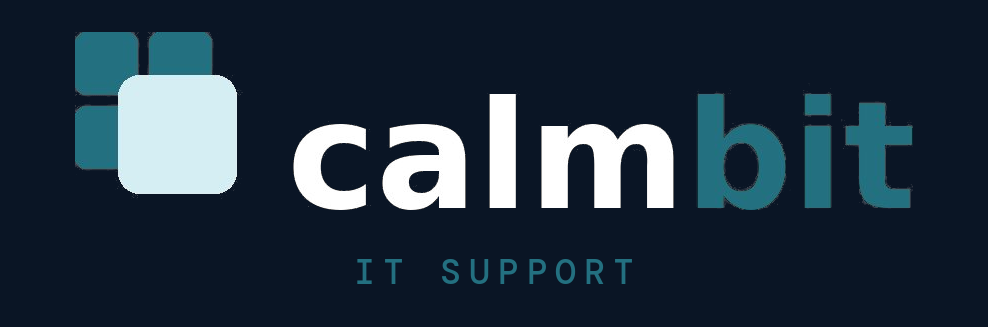 Calmbit logo with geometric shapes and the slogan 'IT Support' on a dark background.