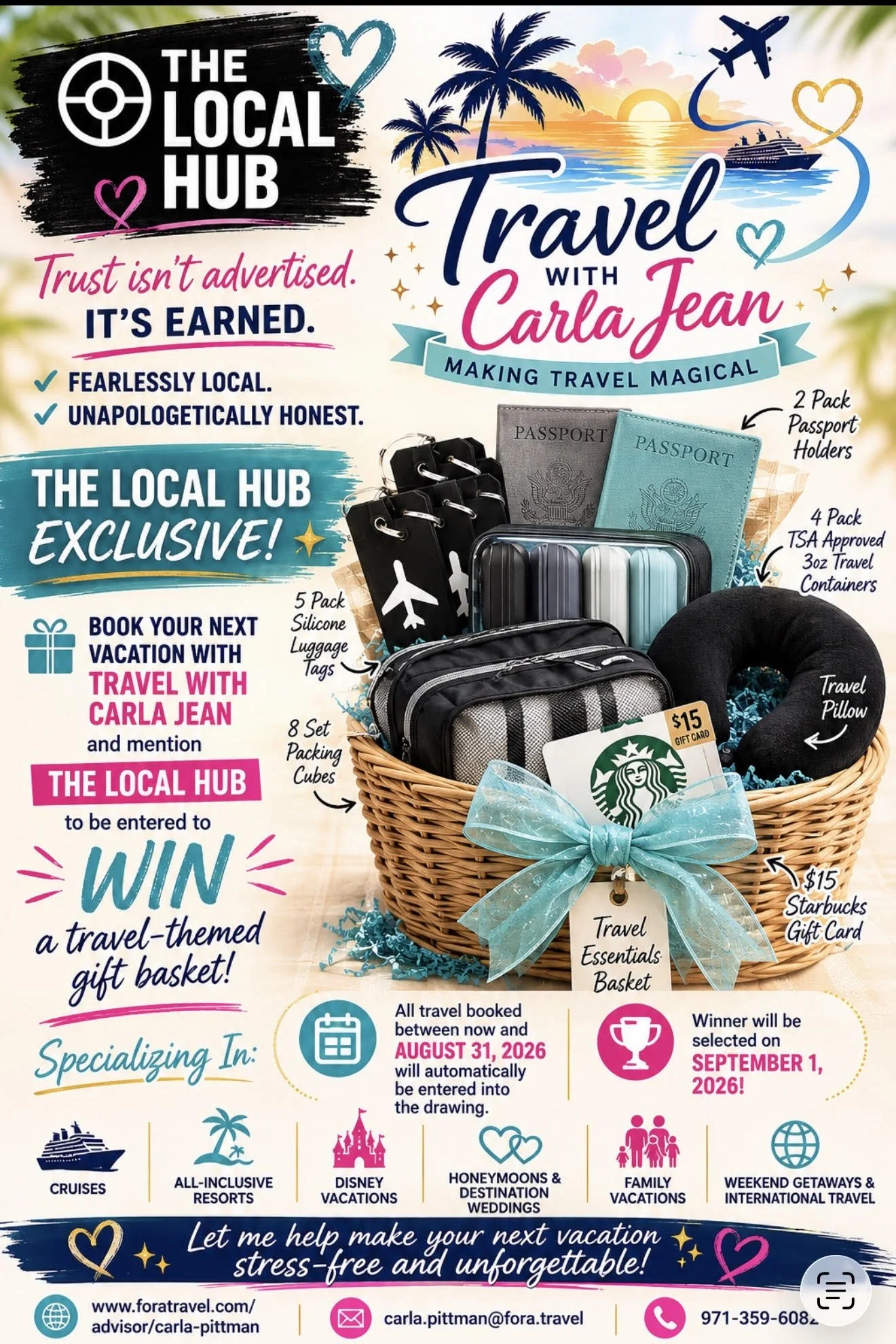 Travel promotional flyer featuring a gift basket with travel essentials such as luggage tags, travel pillow, passport holders, travel containers, a Starbucks gift card, and a Starbucks gift card. The flyer advertises a travel-themed gift basket contest and provides information about booking travel and entering the contest.